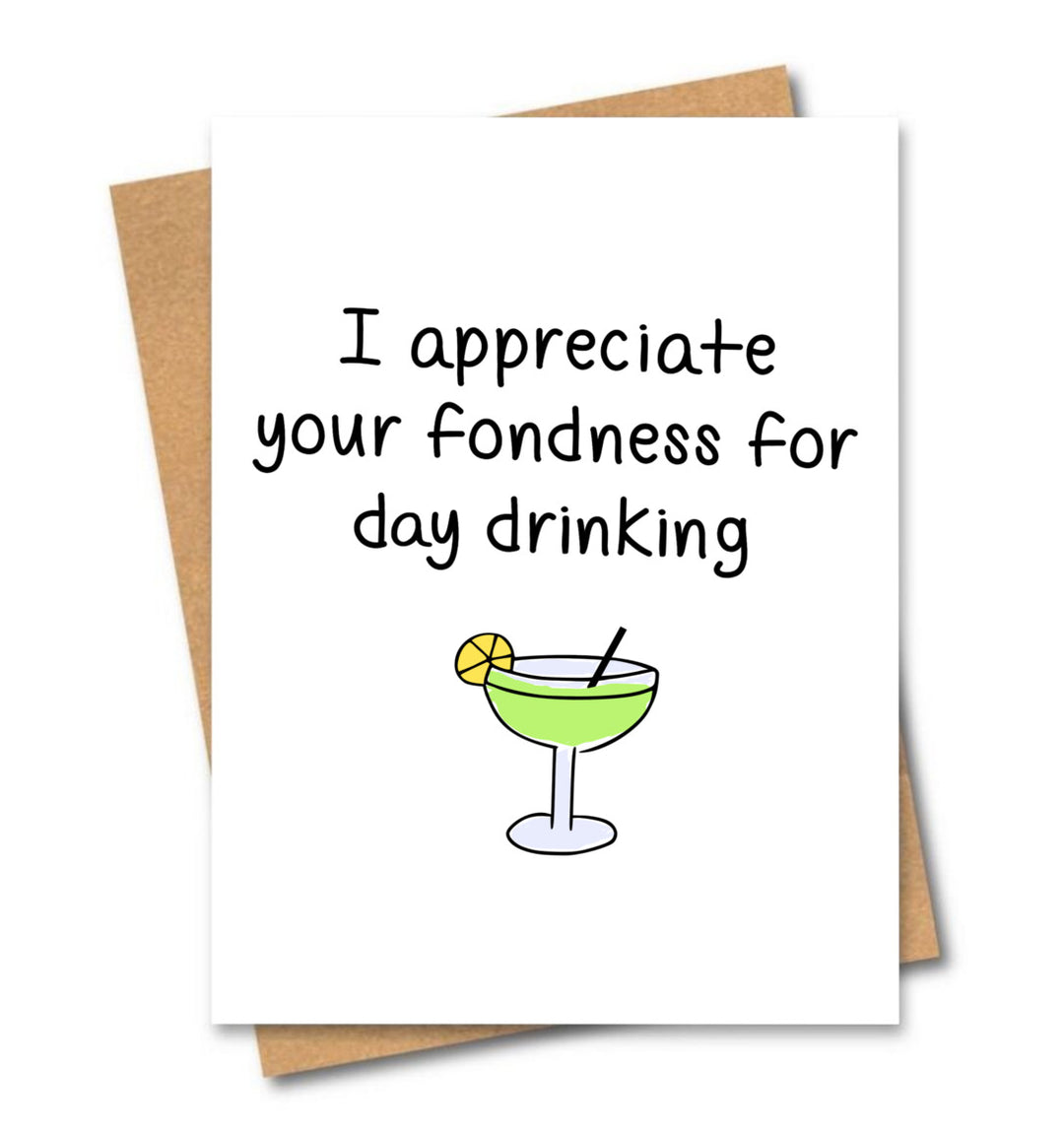 Fondness for day drinking card green cocktail on white background