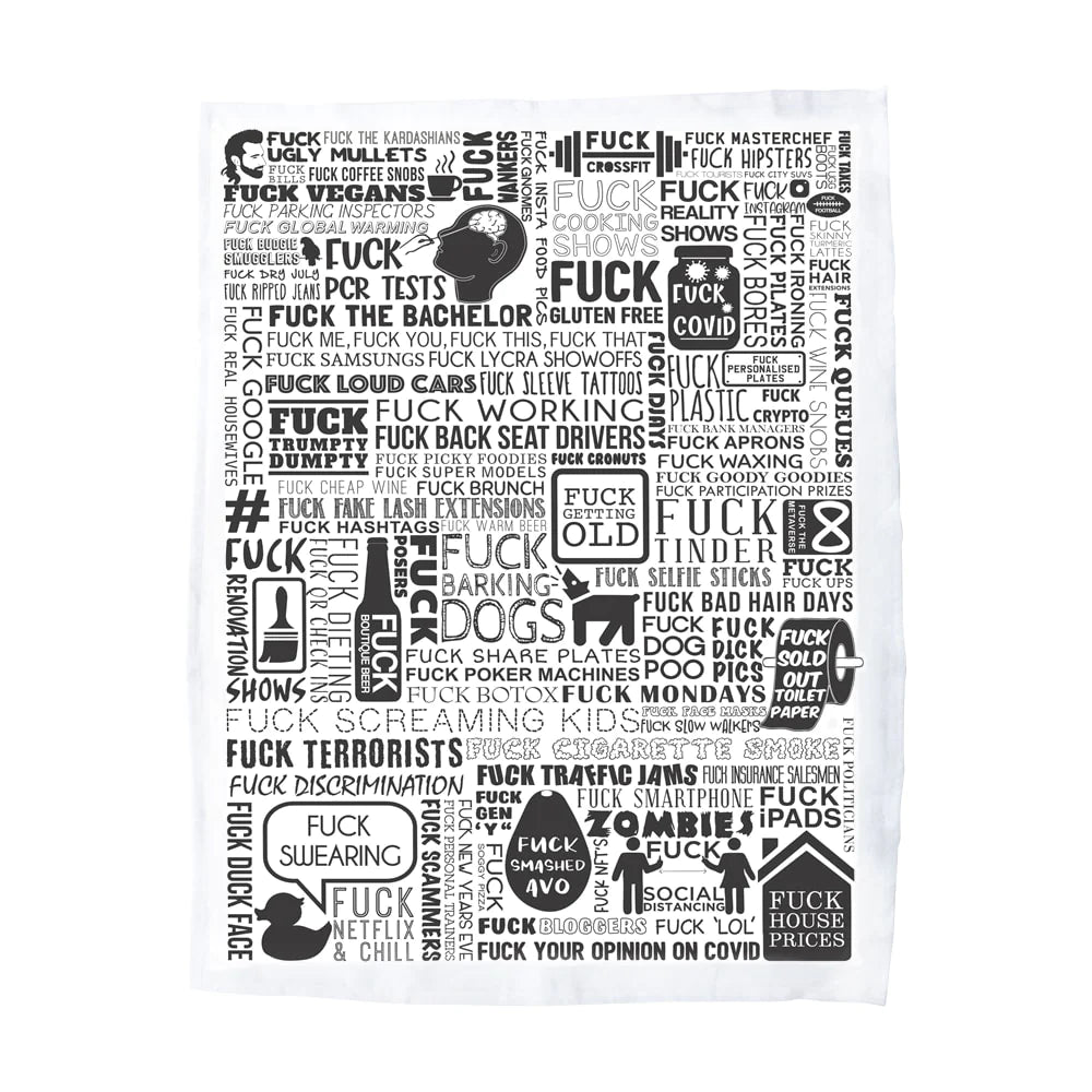 F word tea towel black print on white background for box of goodies funny gift boxes. Small and large print - examples - fuck mondays, fuck gluten free, fuck covid, fuck the bachelor etc