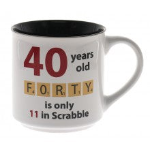 40 Years Old Scrabble mug for delivery in Melbourne gift delivery same day if ordered by 11am. Add to any combination for a Melbourne hamper delivery or special gift box in Melbourne.